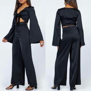 Princess Polly Kali Satin Cut Out Bell Sleeve Jumpsuit in Black Size 2